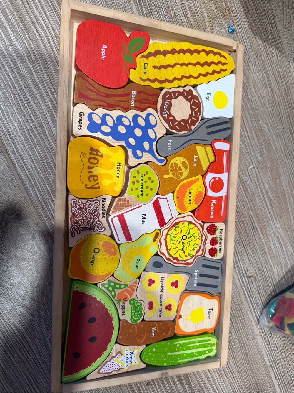 Wooden Food Puzzle Tray - Colorful Red, Yellow & Green Play Pieces